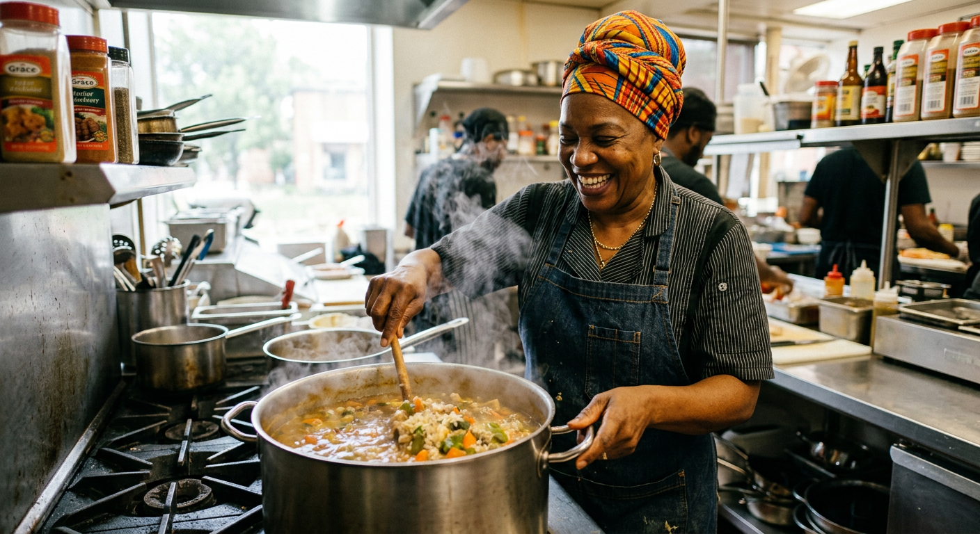 Chef Tamara stirring a pot in the restaurant kitchen